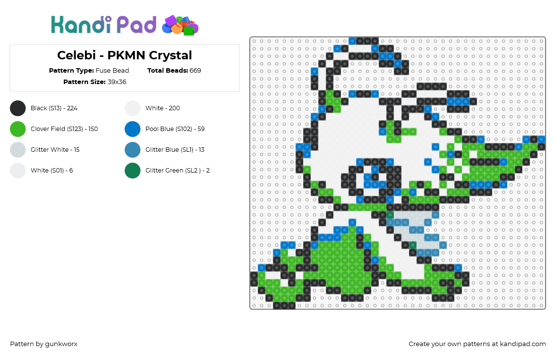 Celebi - PKMN Crystal - Fuse Bead Pattern by gunkworx on Kandi Pad - celebi,pokemon,character,gaming,green,white