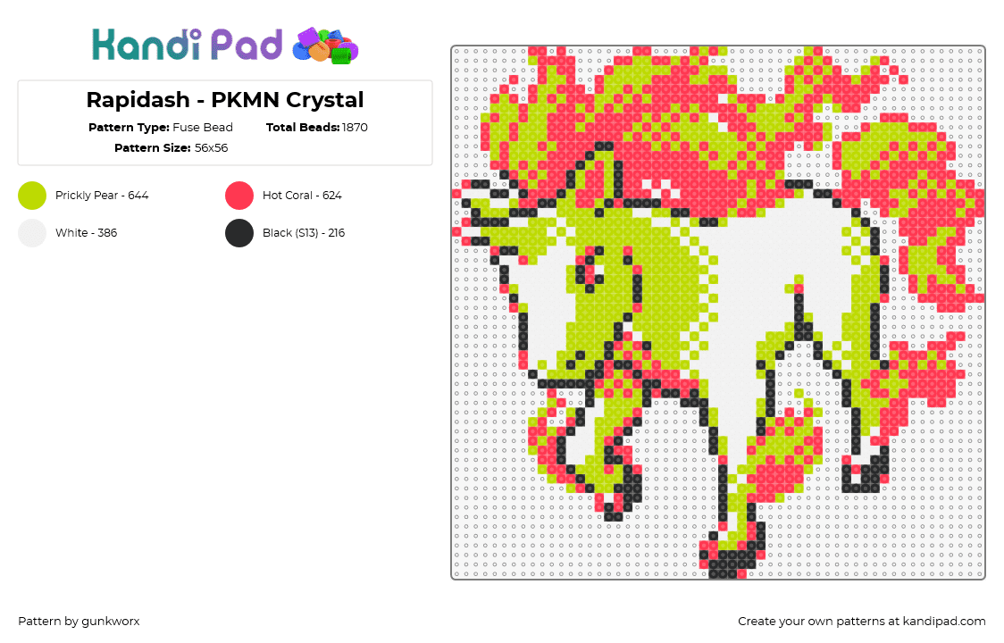 Rapidash - PKMN Crystal - Fuse Bead Pattern by gunkworx on Kandi Pad - rapidash,pokemon,character,gaming,evolution,ponyta,horse,unicorn,fiery,flames,orange,green