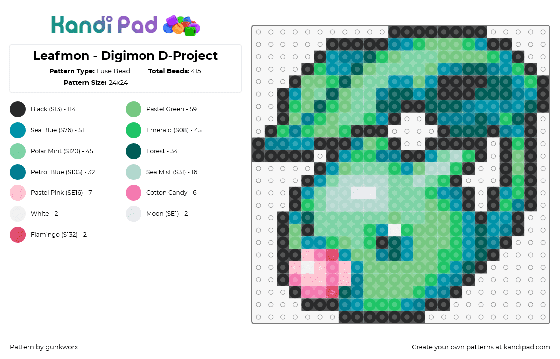 Leafmon - Digimon D-Project - Fuse Bead Pattern by gunkworx on Kandi Pad - leafmon,digimon,character,gaming,green,teal,pink