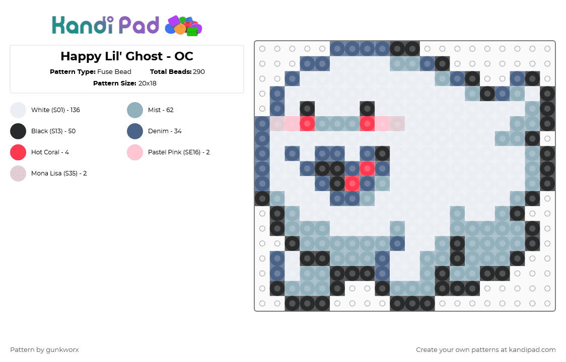 Happy Lil\' Ghost - OC - Fuse Bead Pattern by gunkworx on Kandi Pad - white,blue,light blue,ghost,halloween,happy,cute,kawaii,spooky