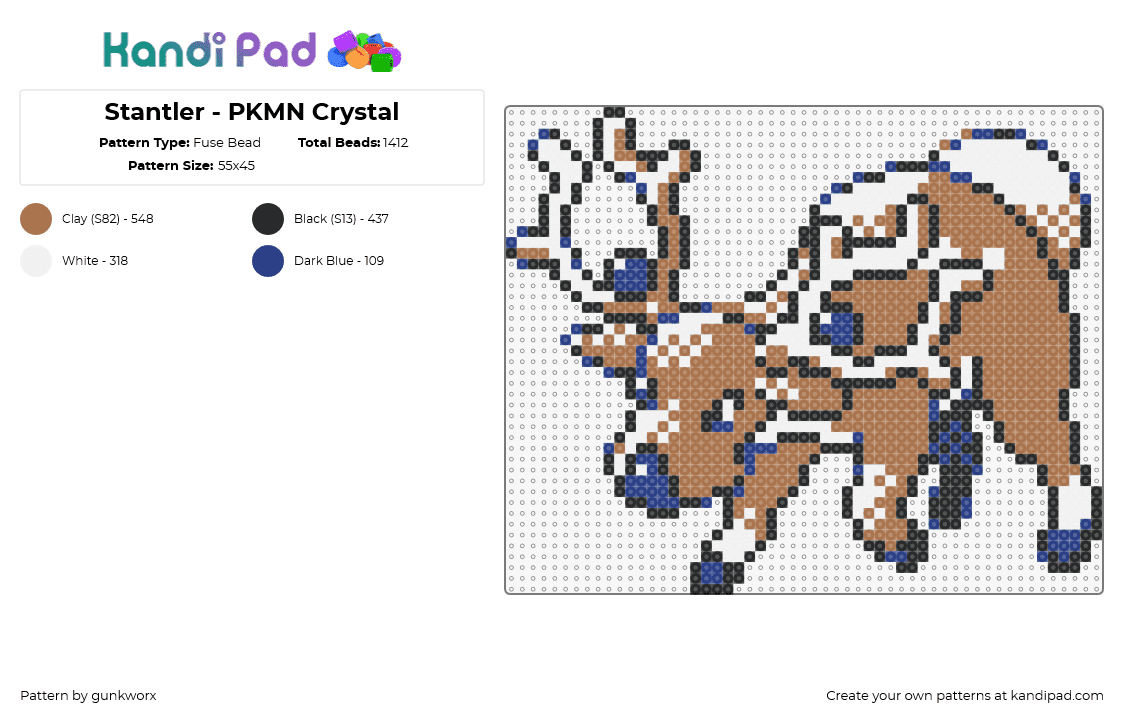 Stantler - PKMN Crystal - Fuse Bead Pattern by gunkworx on Kandi Pad - stantler,pokemon,character,gaming,brown,white