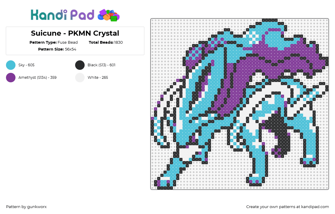 Suicune - PKMN Crystal - Fuse Bead Pattern by gunkworx on Kandi Pad - suicune,pokemon,character,gaming,light blue,purple