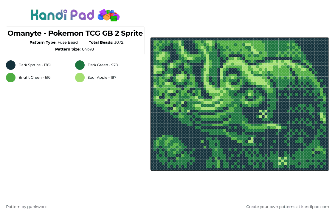 Omanyte - Pokemon TCG GB 2 Sprite - Fuse Bead Pattern by gunkworx on Kandi Pad - omanyte,video game,creature,tcg,gaming,pokemon,black,green,gameboy,retro,monochrome