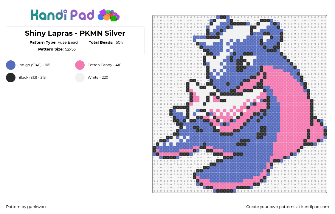 Shiny Lapras - PKMN Silver - Fuse Bead Pattern by gunkworx on Kandi Pad - lapras,pokemon,gaming,character,blue,purple,pink