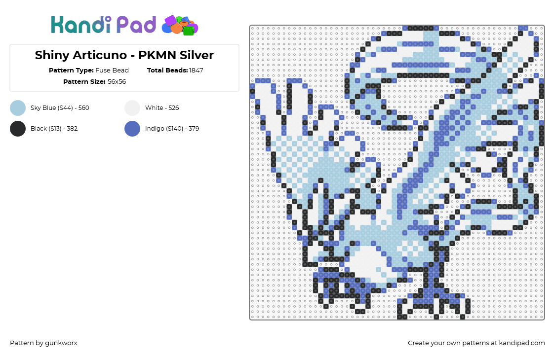 Shiny Articuno - PKMN Silver - Fuse Bead Pattern by gunkworx on Kandi Pad - articuno,pokemon,character,gaming,bird,icy,light blue,white