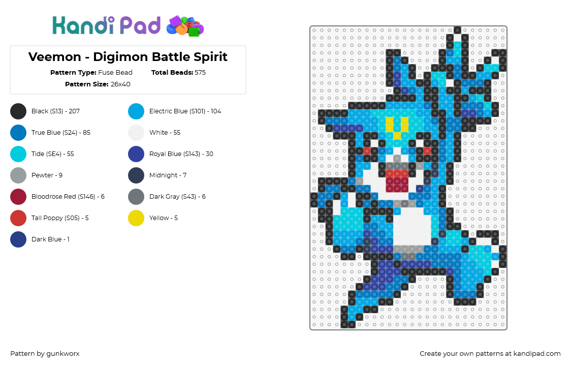 Veemon - Digimon Battle Spirit - Fuse Bead Pattern by gunkworx on Kandi Pad - veemon,digimon,character,gaming,anime,peace,blue,aquamarine