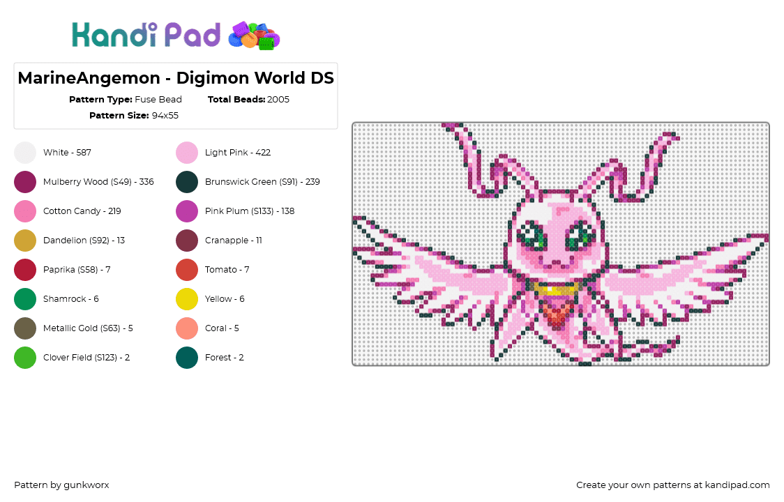 MarineAngemon - Digimon World DS - Fuse Bead Pattern by gunkworx on Kandi Pad - marineangemon,digimon,character,gaming,cute,pink