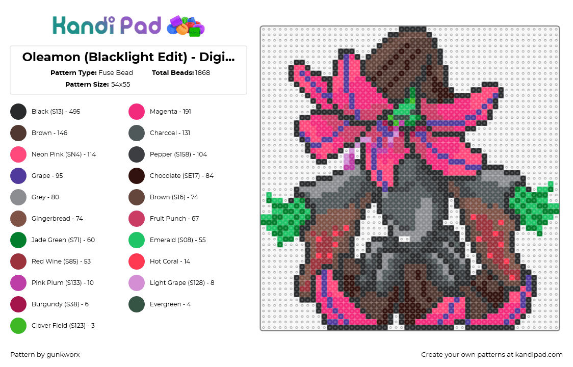 Oleamon (Blacklight Edit) - Digimon Virtual Bracelet - Fuse Bead Pattern by gunkworx on Kandi Pad - oleamon,digimon,character,gaming,pink,gray,brown