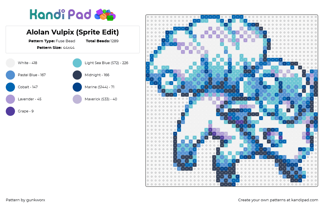 Alolan Vulpix (Sprite Edit) - Fuse Bead Pattern by gunkworx on Kandi Pad - vulpix,pokemon,character,gaming,8 bit,sprite,blue,teal