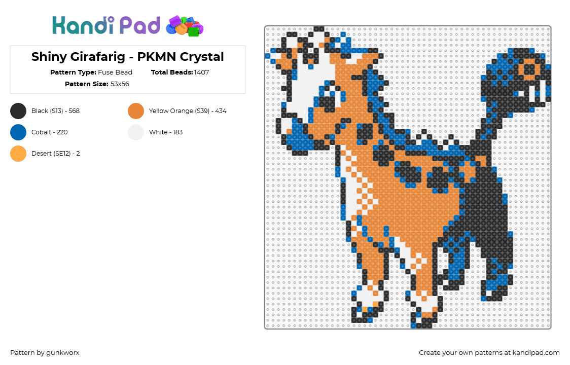 Shiny Girafarig - PKMN Crystal - Fuse Bead Pattern by gunkworx on Kandi Pad - girafarig,pokemon,character,gaming,giraffe,orange,blue