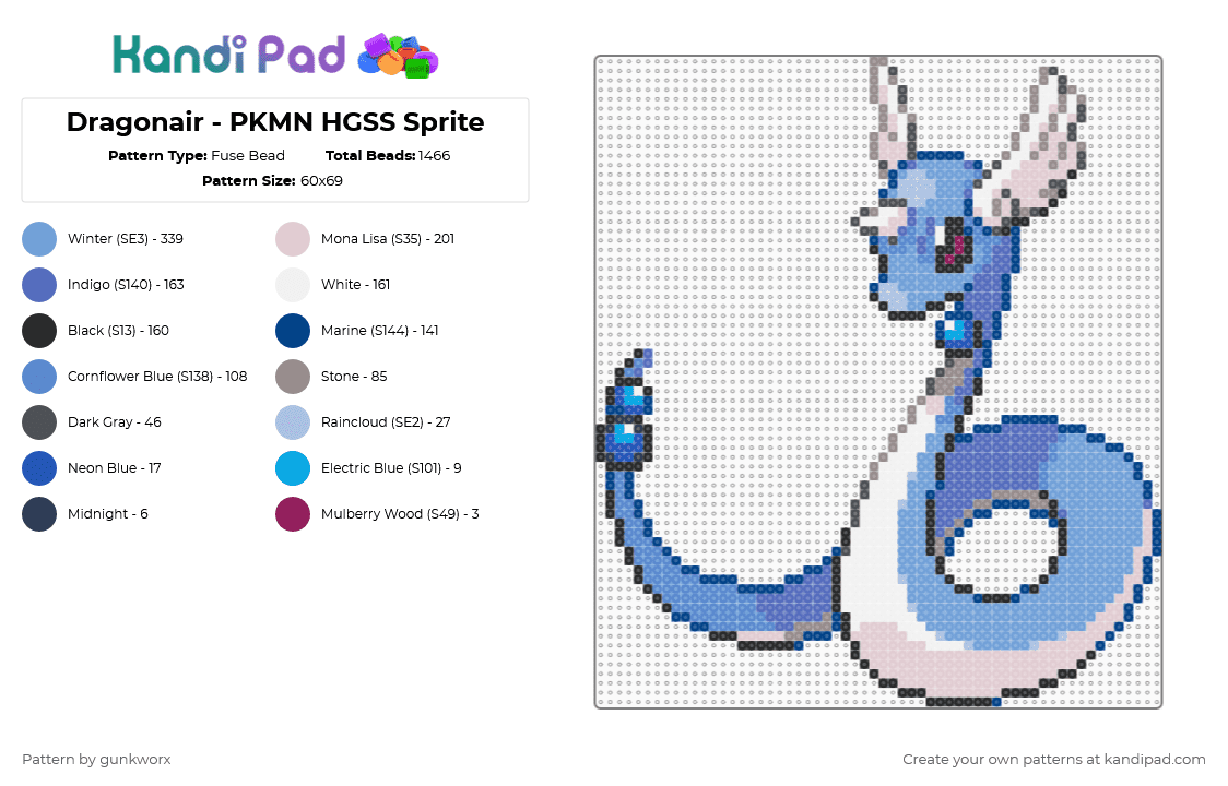 Dragonair - PKMN HGSS Sprite - Fuse Bead Pattern by gunkworx on Kandi Pad - blue,light blue,dragonair,dragon,pokemon,white