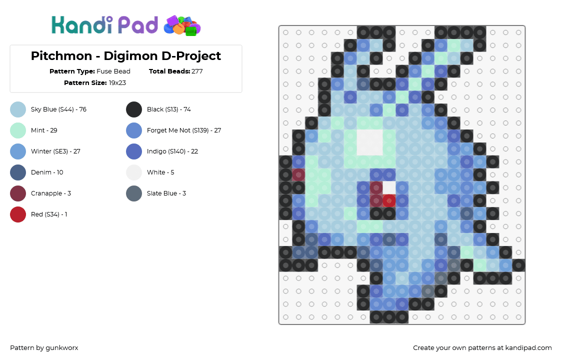 Pitchmon - Digimon D-Project - Fuse Bead Pattern by gunkworx on Kandi Pad - pitchmon,digimon,character,gaming,light blue