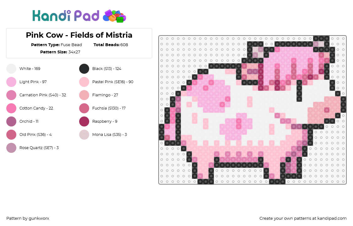 Pink Cow - Fields of Mistria - Fuse Bead Pattern by gunkworx on Kandi Pad - cow,fields of mistria,animal,video game,cute,pink,white