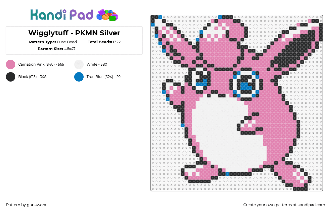 Wigglytuff - PKMN Silver - Fuse Bead Pattern by gunkworx on Kandi Pad - wigglytuff,pokemon,character,gaming,evolution,jigglypuff,pink,white