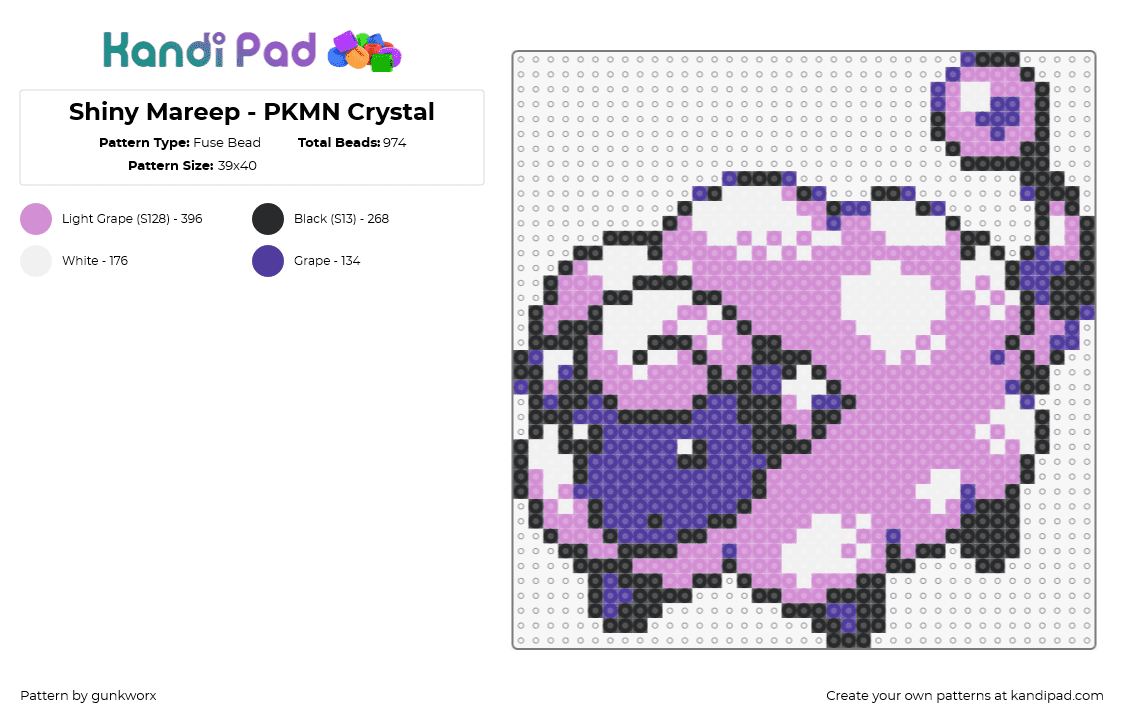 Shiny Mareep - PKMN Crystal - Fuse Bead Pattern by gunkworx on Kandi Pad - mareep,pokemon,character,gaming,sheep,purple,pink