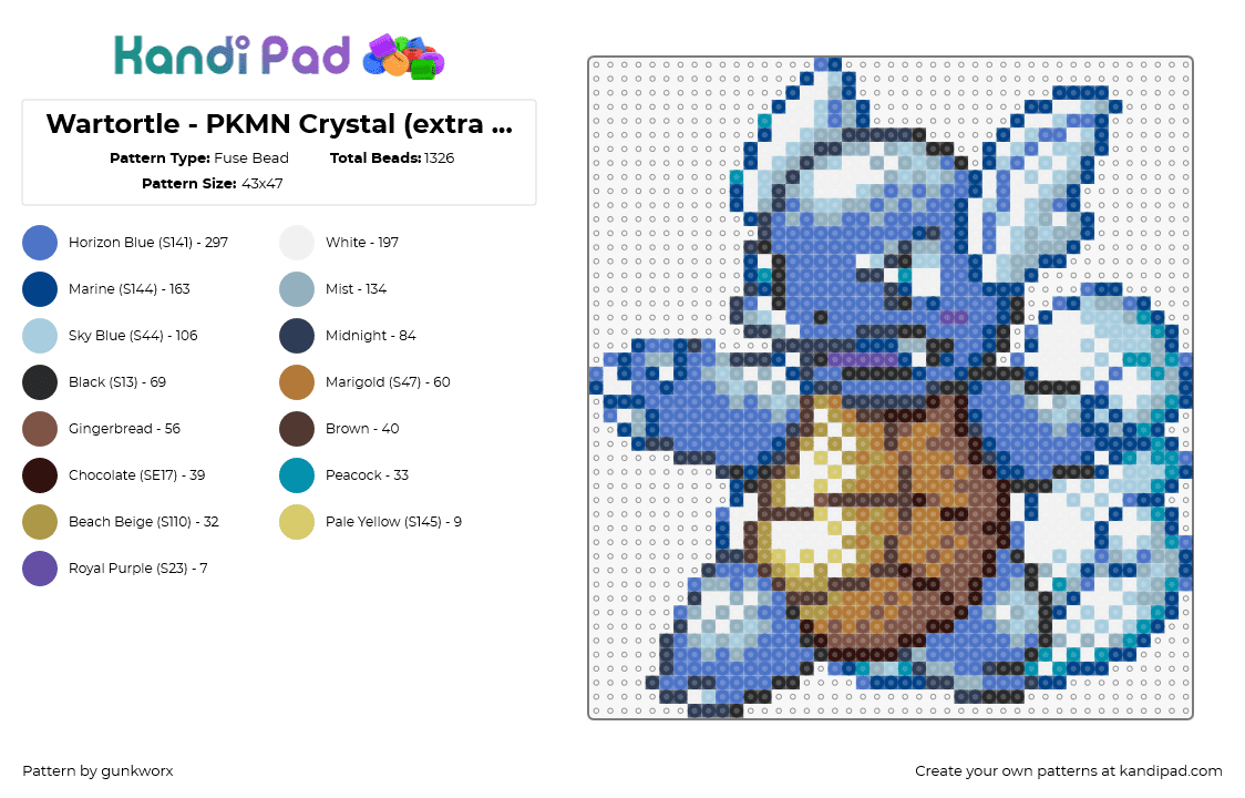 Wartortle - PKMN Crystal (extra colors version) - Fuse Bead Pattern by gunkworx on Kandi Pad - wartortle,pokemon,character,gaming,evolution,squirtle,blue,teal,tan,brown