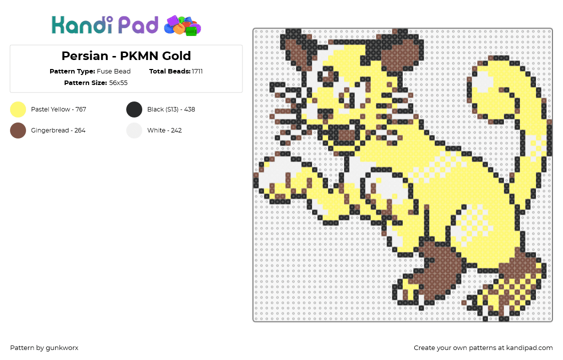 Persian - PKMN Gold - Fuse Bead Pattern by gunkworx on Kandi Pad - persian,pokemon,character,gaming,cat,evolution,meowth,yellow,brown