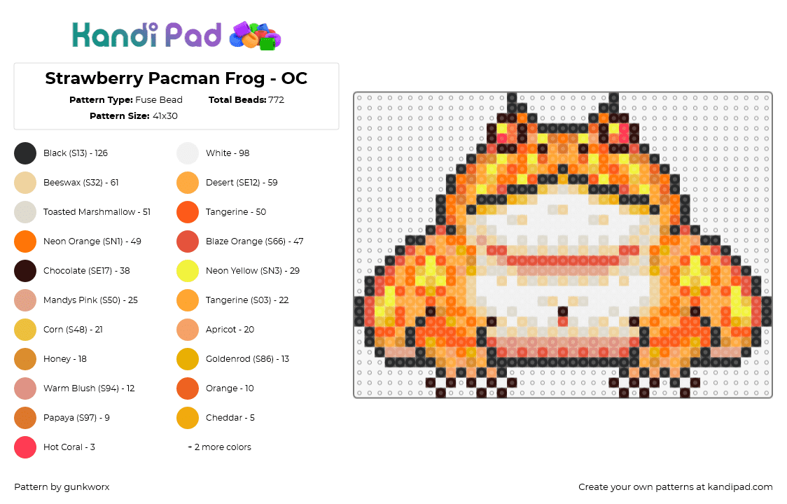 Strawberry Pacman Frog - OC - Fuse Bead Pattern by gunkworx on Kandi Pad - frog,strawberry pacman,animal,bright,amphibian,orange,yellow,beige