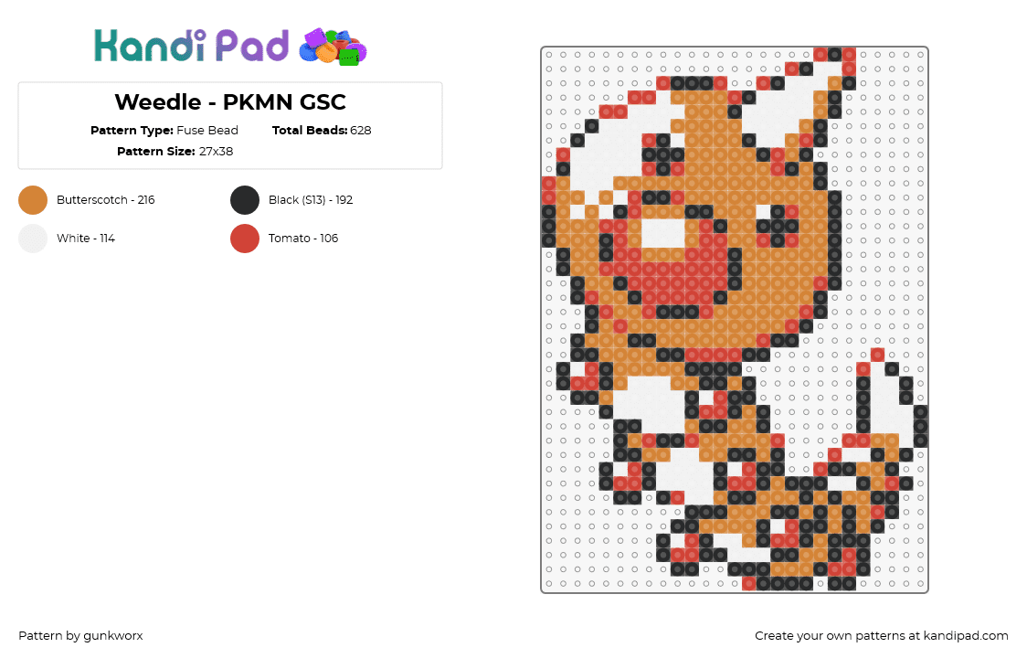 Weedle - PKMN GSC - Fuse Bead Pattern by gunkworx on Kandi Pad - weedle,pokemon,character,gaming,horned,orange,white