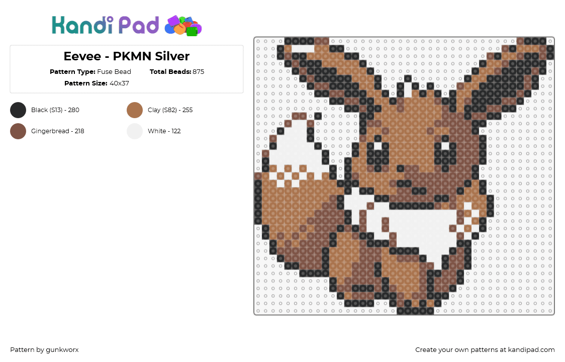 Eevee - PKMN Gold - Fuse Bead Pattern by gunkworx on Kandi Pad - eevee,pokemon,character,gaming,cute,brown,tan,white