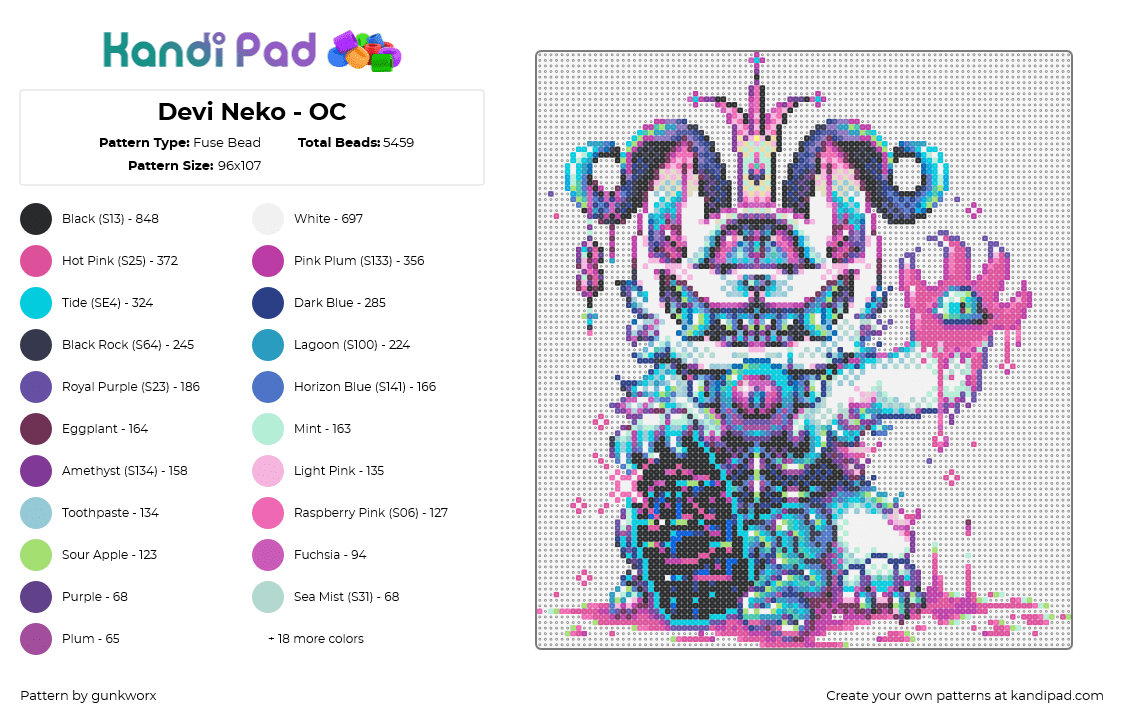 Devi Neko - OC - Fuse Bead Pattern by gunkworx on Kandi Pad - devi neko,devils cat,drippy,spooky,horned,gore,guts,trippy,teal,pink,white