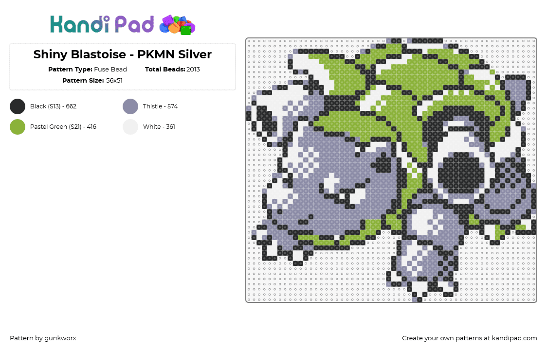 Shiny Blastoise - PKMN Silver - Fuse Bead Pattern by gunkworx on Kandi Pad - blastoise,pokemon,character,gaming,cannons,evolution,wartortle,squirtle,gray,green