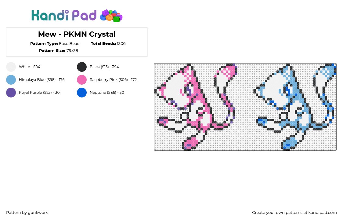 Mew - PKMN Crystal - Fuse Bead Pattern by gunkworx on Kandi Pad - mew,pokemon,character,gaming,pink,light blue,white