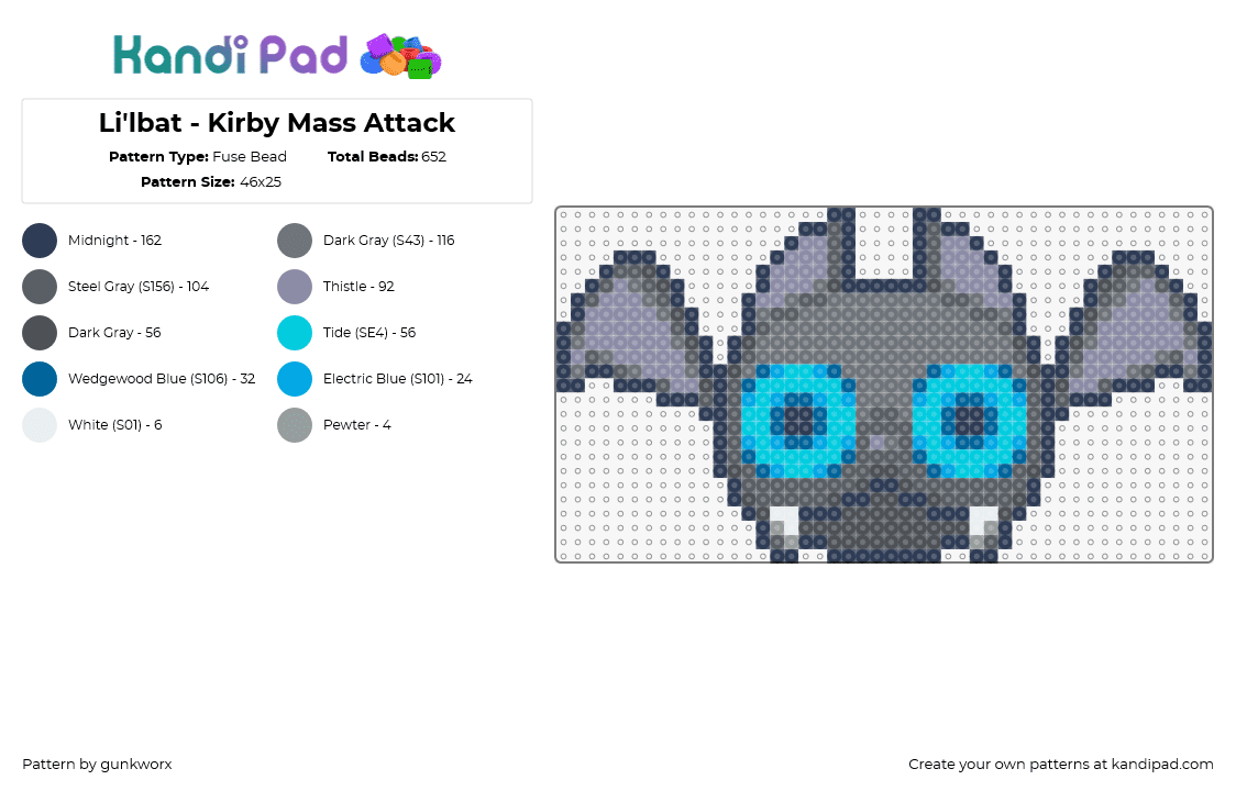 Li\'lbat - Kirby Mass Attack - Fuse Bead Pattern by gunkworx on Kandi Pad - lilbat,kirby,nintendo,character,cute,winged,video game,spooky,gray,blue