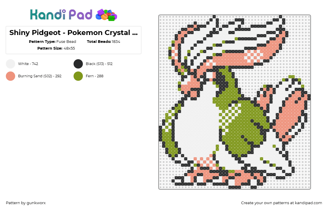 Shiny Pidgeot - Pokemon Crystal Sprite - Fuse Bead Pattern by gunkworx on Kandi Pad - pidgeot,pokemon,character,bird,gaming,white,green,pink