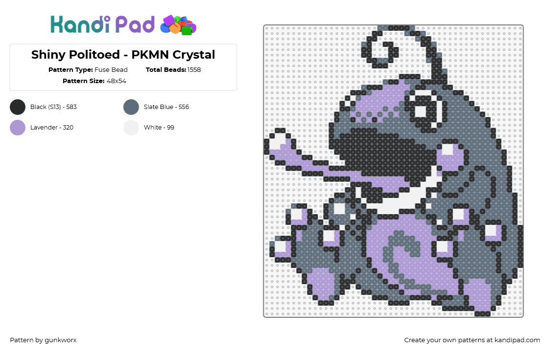 Shiny Politoed - PKMN Crystal - Fuse Bead Pattern by gunkworx on Kandi Pad - politoed,pokemon,character,gaming,tongue,frog,gray,purple