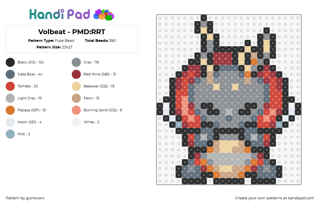 Volbeat - PMD:RRT - Fuse Bead Pattern by gunkworx on Kandi Pad - volbeat,pokemon,character,gaming,gray,red