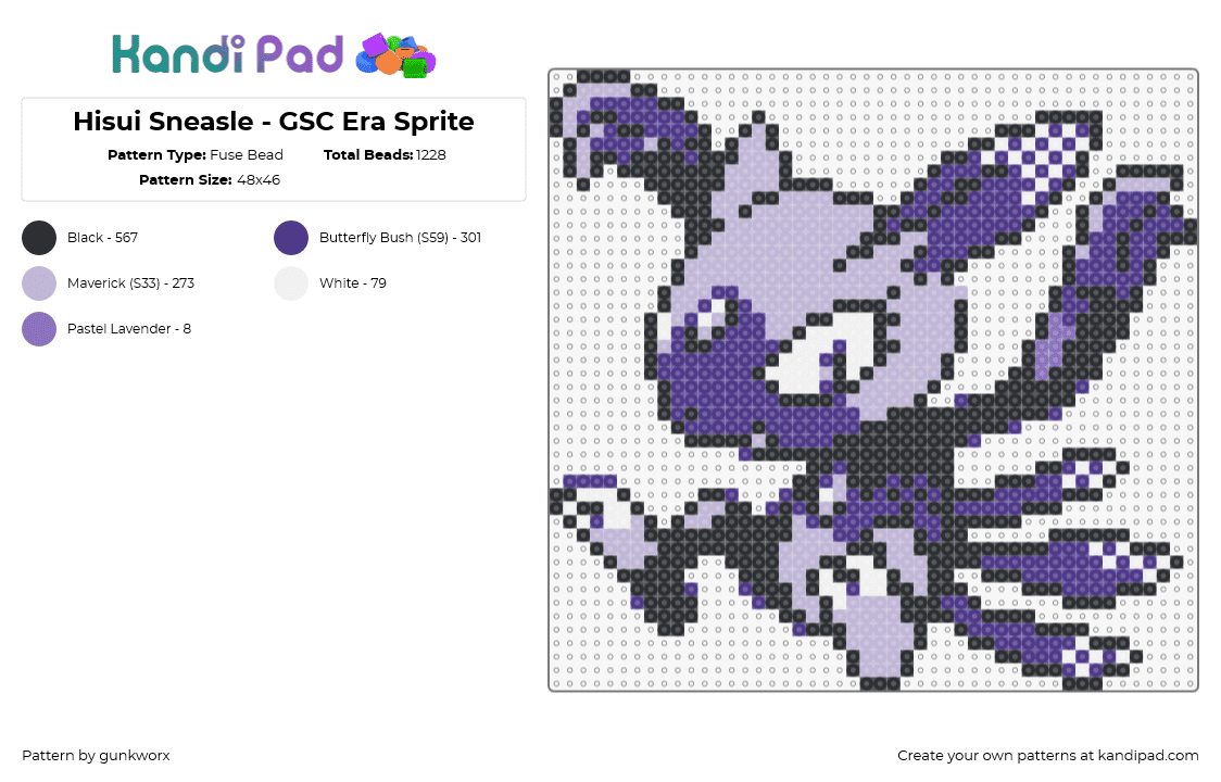 Hisui Sneasel - GSC Era Sprite - Fuse Bead Pattern by gunkworx on Kandi Pad - sneasle,pokemon,character,gaming,purple