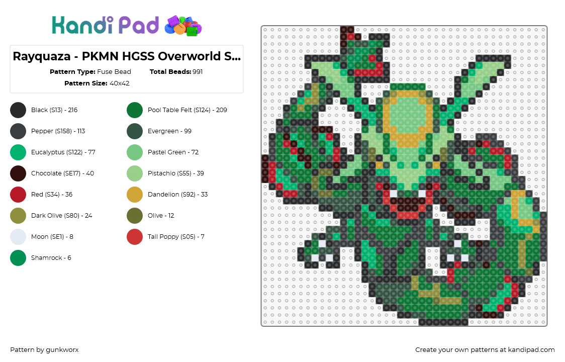 Rayquaza - PKMN HGSS Overworld Sprite - Fuse Bead Pattern by gunkworx on Kandi Pad - rayquaza,pokemon,character,gaming,dragon,green,red