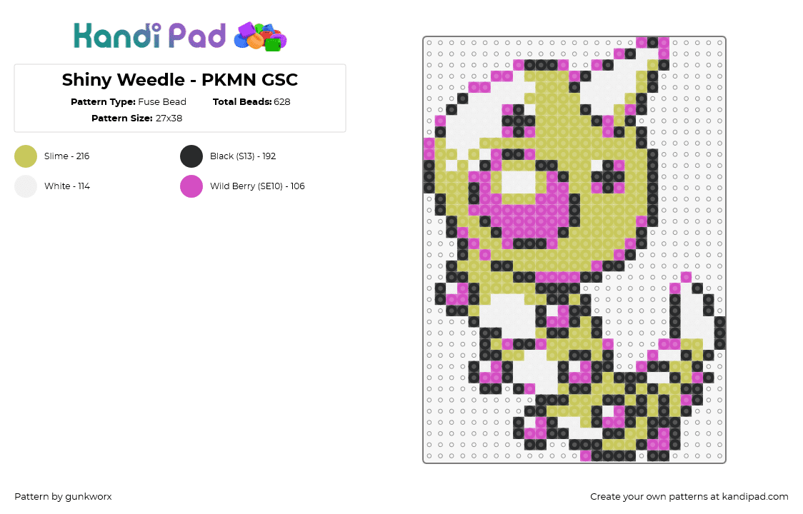 Shiny Weedle - PKMN GSC - Fuse Bead Pattern by gunkworx on Kandi Pad - weedle,pokemon,character,gaming,horned,pink,green