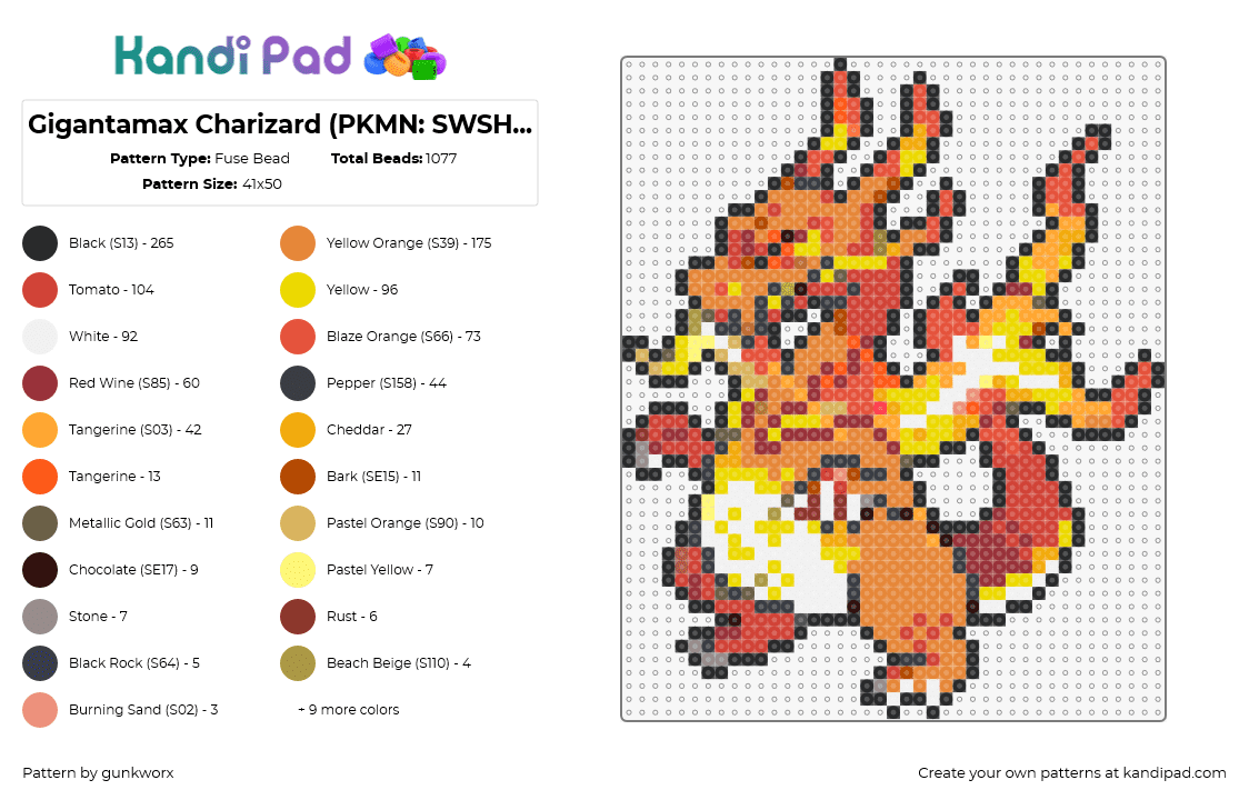 Gigantamax Charizard (PKMN: SWSH - Reduced Color Palette) - Fuse Bead Pattern by gunkworx on Kandi Pad - charizard,pokemon,character,gaming,evolution,charmander,fiery,orange,yellow