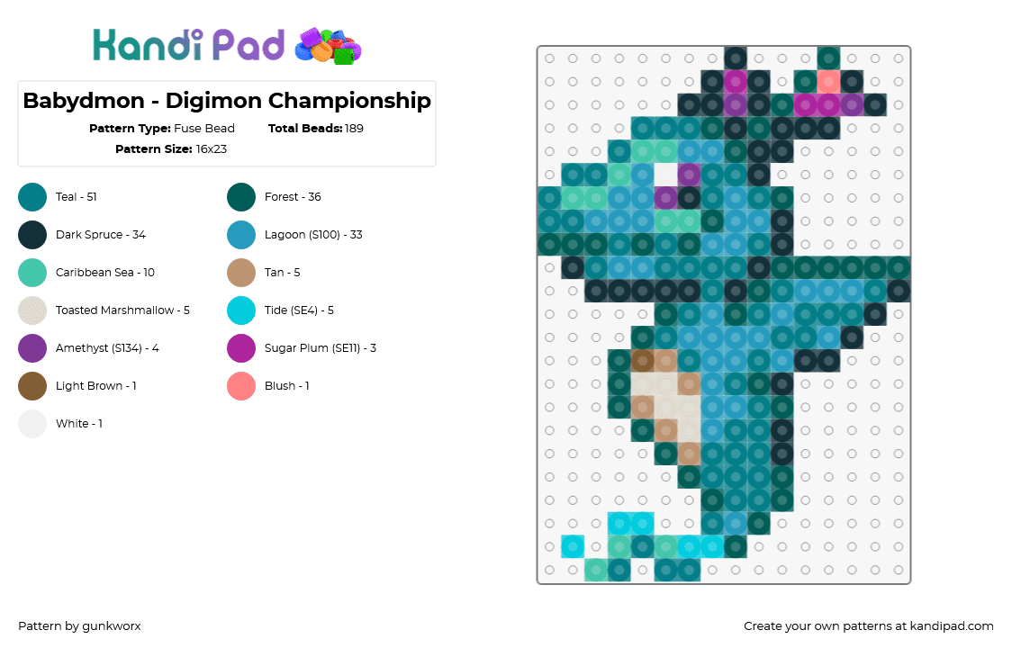 Babydmon - Digimon Championship - Fuse Bead Pattern by gunkworx on Kandi Pad - babydmon,digimon,character,gaming,teal