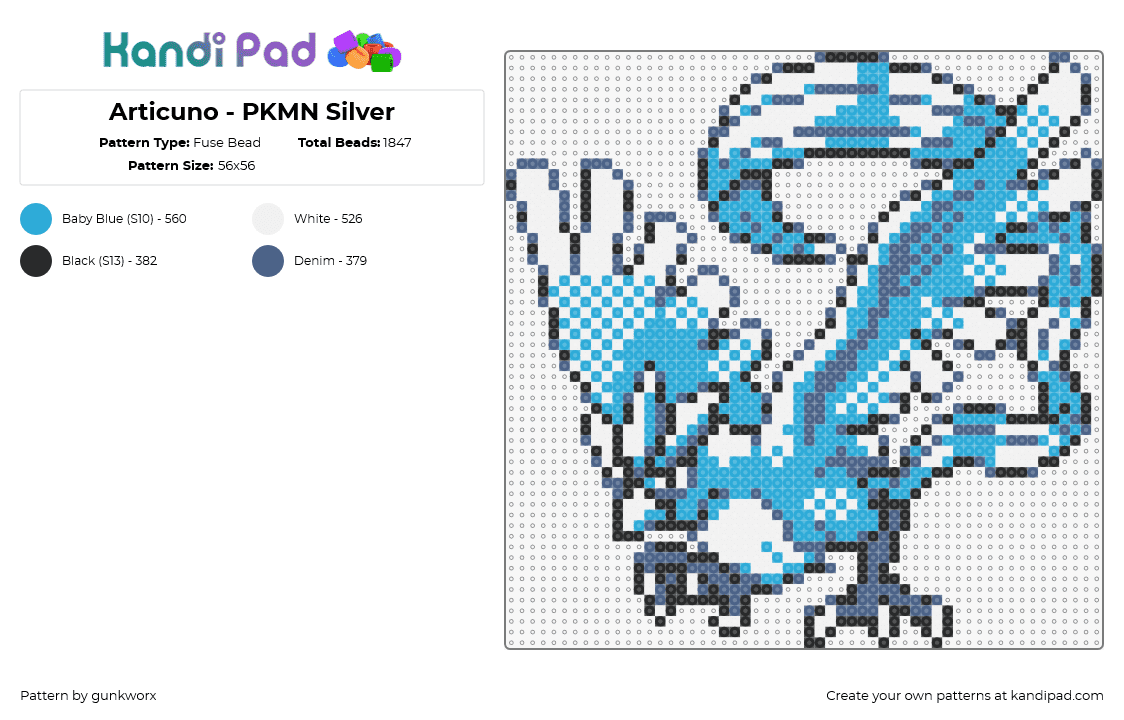 Articuno - PKMN Silver - Fuse Bead Pattern by gunkworx on Kandi Pad - articuno,pokemon,character,gaming,bird,icy,light blue,white