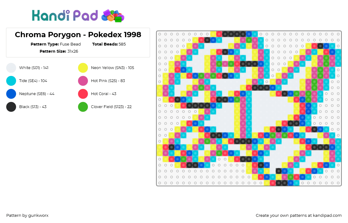 Chroma Porygon - Pokedex 1998 - Fuse Bead Pattern by gunkworx on Kandi Pad - porygon,trippy,pokemon,colorful,gaming,white,light blue