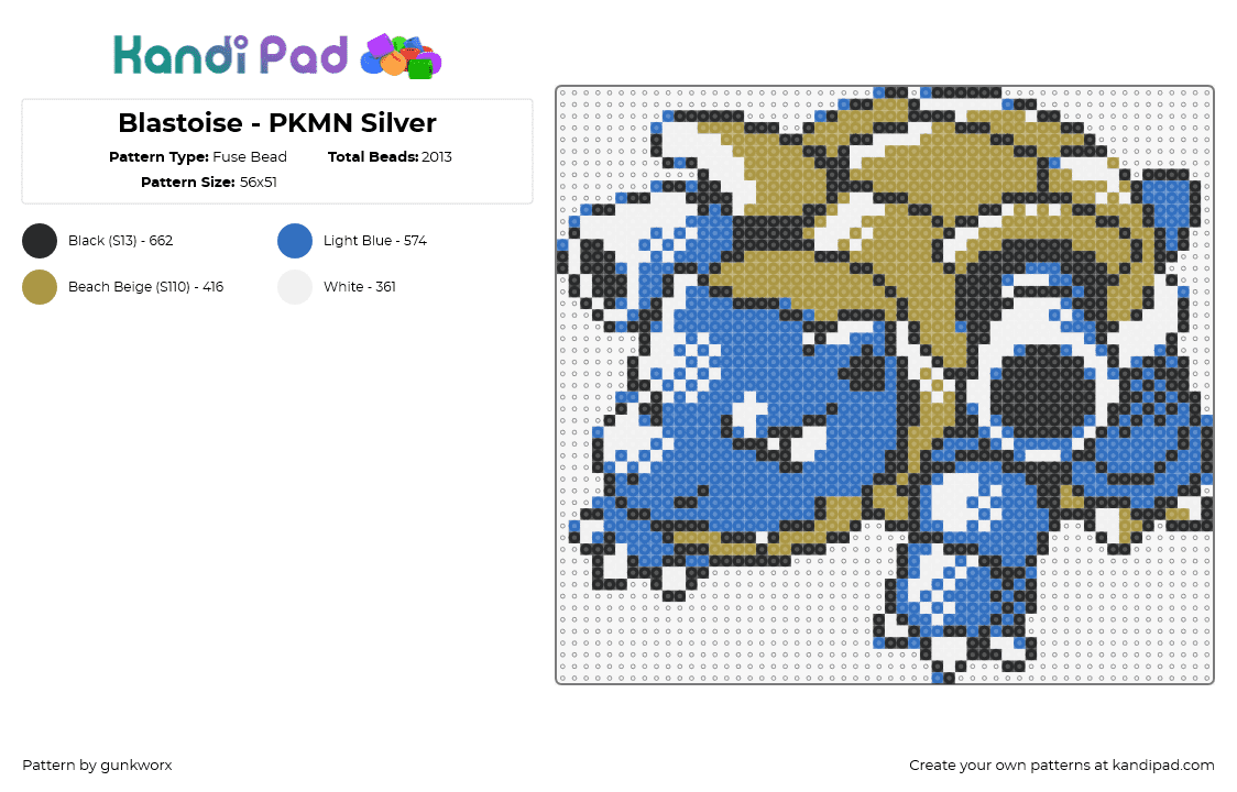 Blastoise - PKMN Silver - Fuse Bead Pattern by gunkworx on Kandi Pad - blastoise,pokemon,character,gaming,cannons,evolution,wartortle,squirtle,blue,green