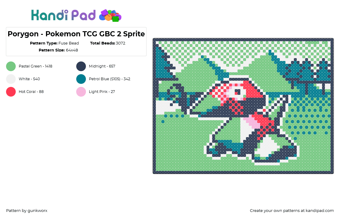 Porygon - Pokemon TCG GBC 2 Sprite - Fuse Bead Pattern by gunkworx on Kandi Pad - porygon,pokemon,landscape,scene,character,gaming,classic,retro,nostalgia,frame,gameboy,green,red