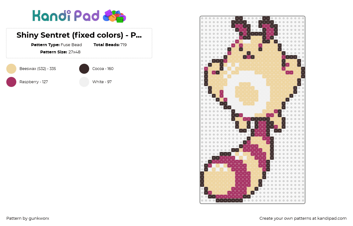 Shiny Sentret (fixed colors) - Pokemon GSC Sprite - Fuse Bead Pattern by gunkworx on Kandi Pad - sentret,pokemon,gaming,character,cute,tan,pink