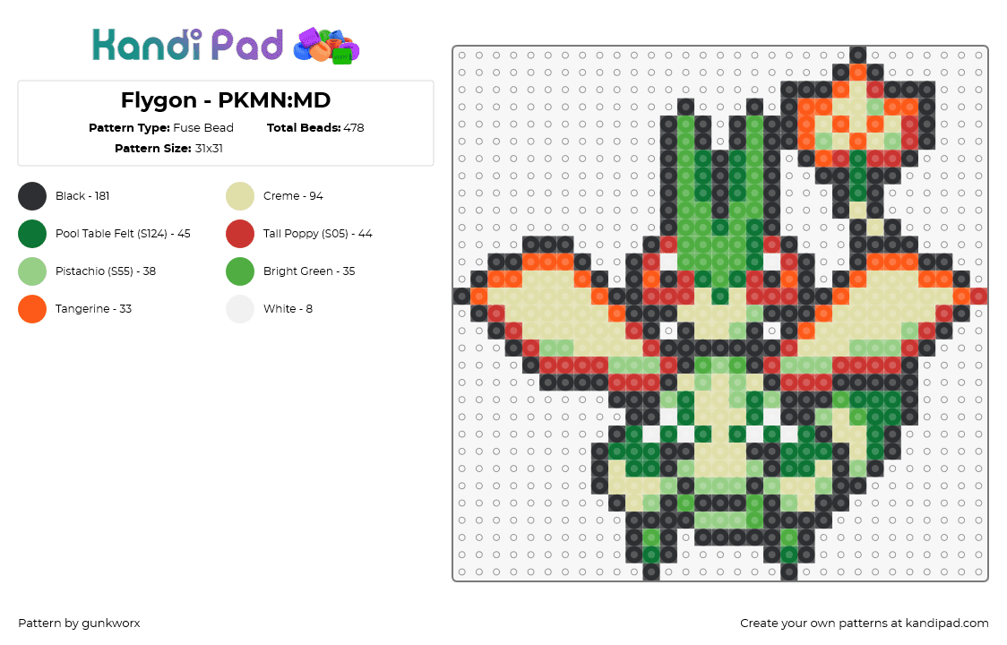 Flygon - PKMN:MD - Fuse Bead Pattern by gunkworx on Kandi Pad - flygon,pokemon,character,gaming,winged,green,orange