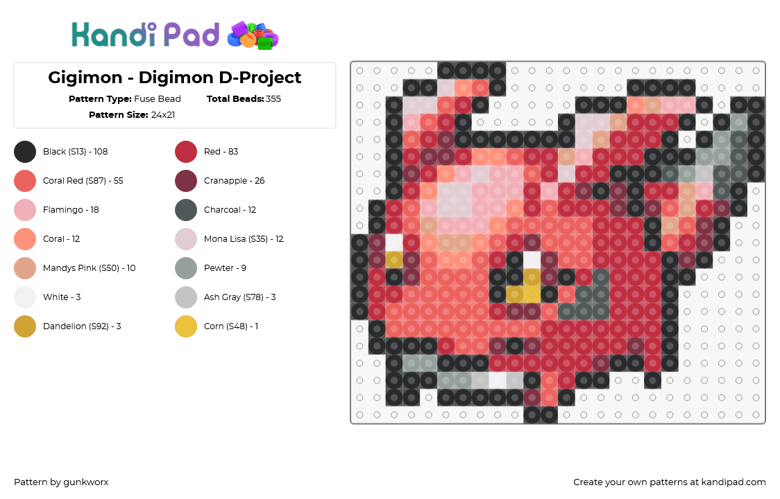 Gigimon - Digimon D-Project - Fuse Bead Pattern by gunkworx on Kandi Pad - gigimon,digimon,character,gaming,red,pink