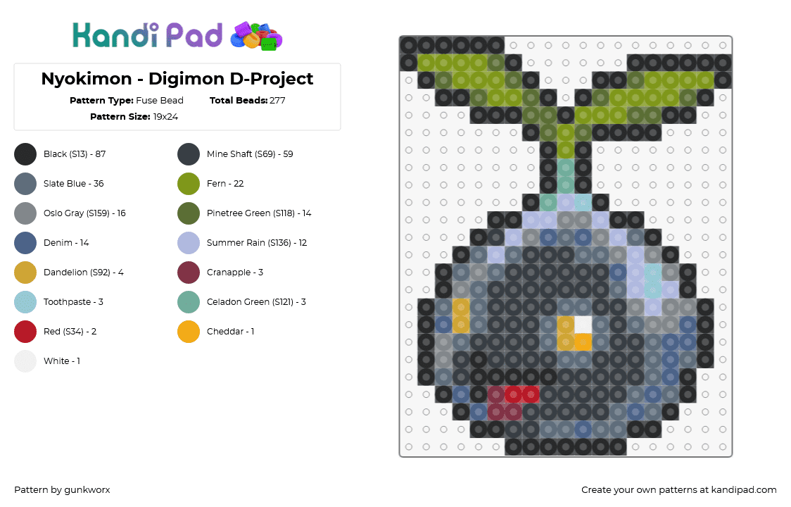 Nyokimon - Digimon D-Project - Fuse Bead Pattern by gunkworx on Kandi Pad - nyokimon,digimon,character,gaming,black,green