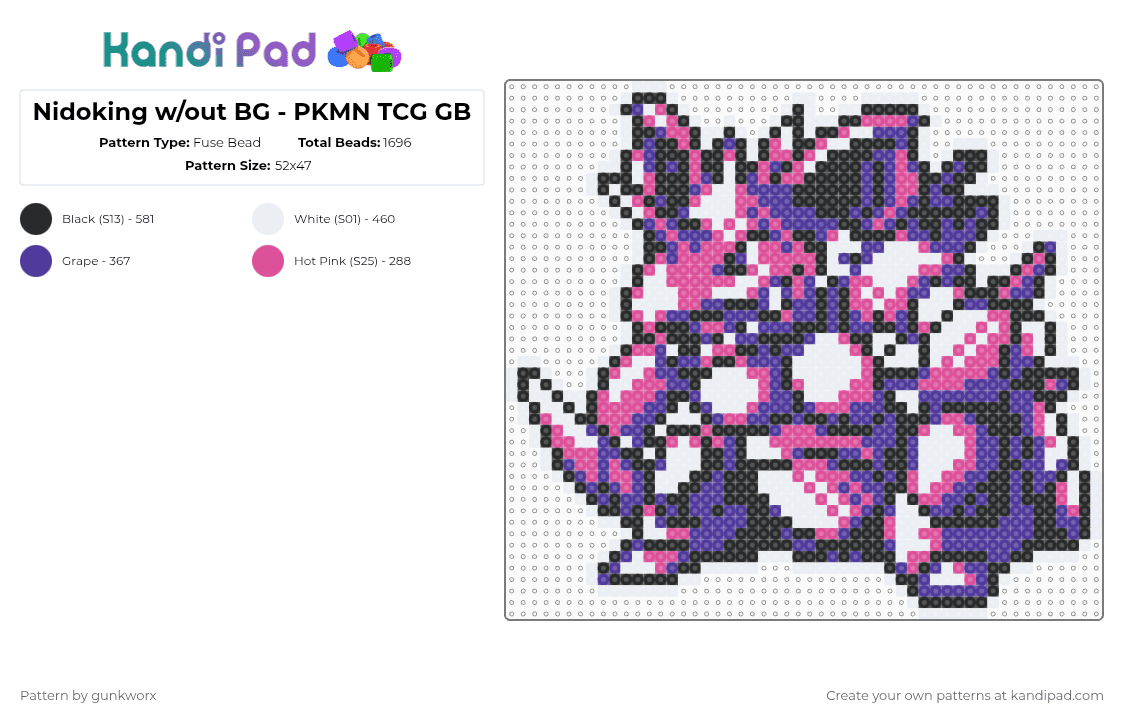 Nidoking w/out BG - PKMN TCG GB - Fuse Bead Pattern by gunkworx on Kandi Pad - nidoking,video game,creature,pokemon tcg,base set,gaming,pokemon,pink,purple,retro