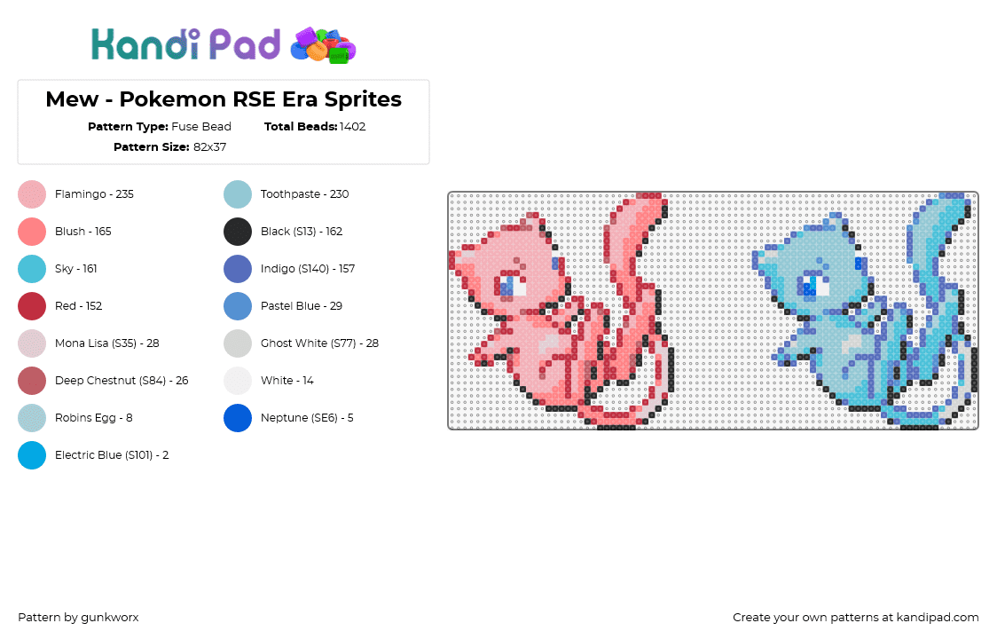 Mew - Pokemon RSE Era Sprites - Fuse Bead Pattern by gunkworx on Kandi Pad - mew,pokemon,character,gaming,pink,light blue