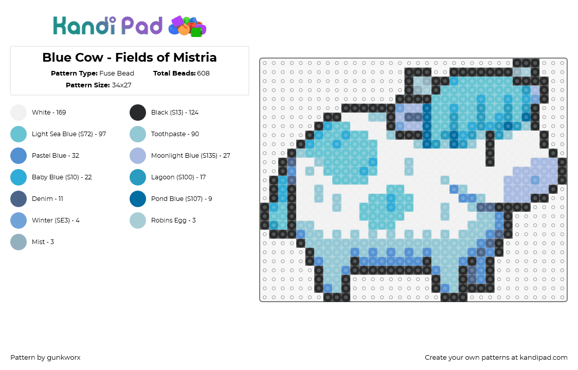 Blue Cow - Fields of Mistria - Fuse Bead Pattern by gunkworx on Kandi Pad - cow,fields of mistria,animal,video game,cute,light blue,white