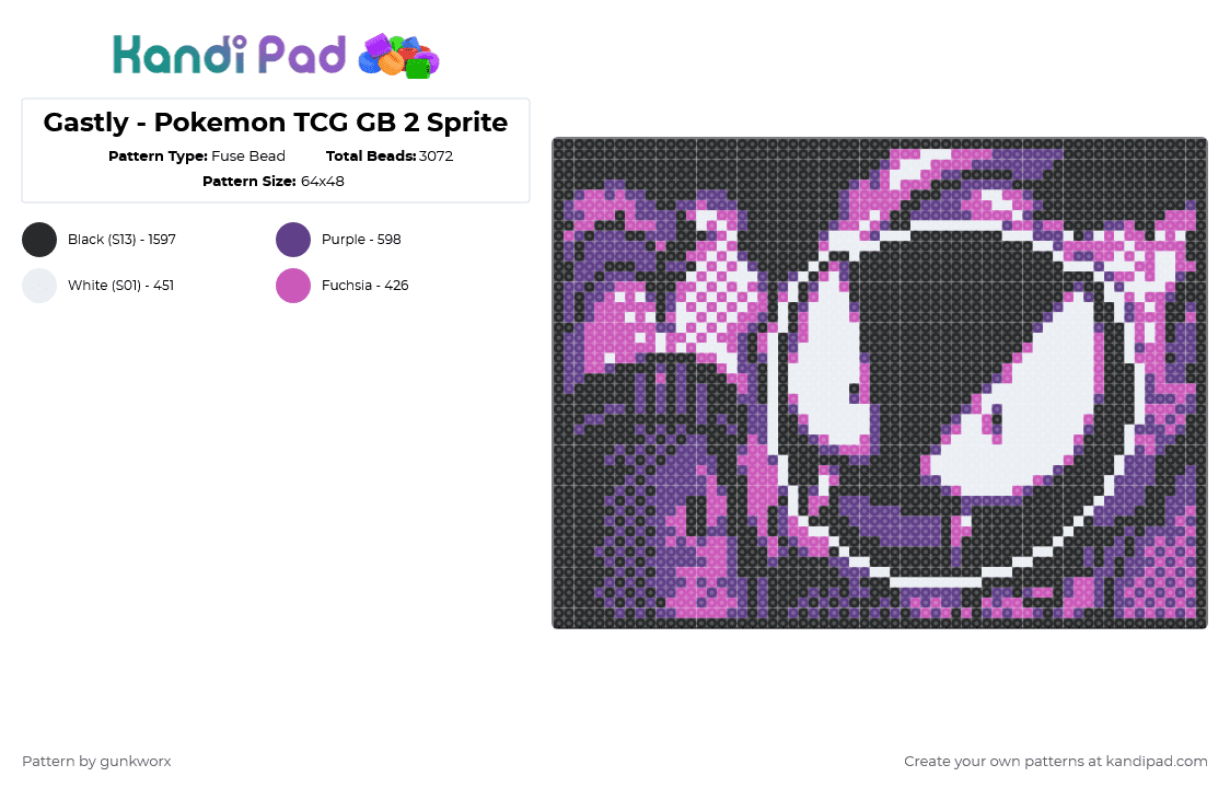Gastly - Pokemon TCG GB 2 Sprite - Fuse Bead Pattern by gunkworx on Kandi Pad - gastly,panel,tapestry,video game,anime,creature,gaming,pokemon,halloween,spooky,purple,pink,ghost,black,retro