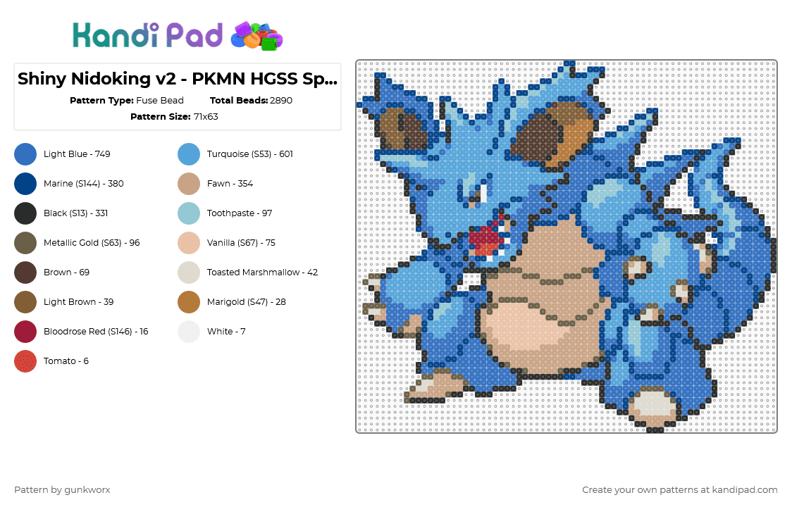 Shiny Nidoking v2 - PKMN HGSS Sprite - Fuse Bead Pattern by gunkworx on Kandi Pad - blue,light blue,beige,shiny,nidoking,pokemon