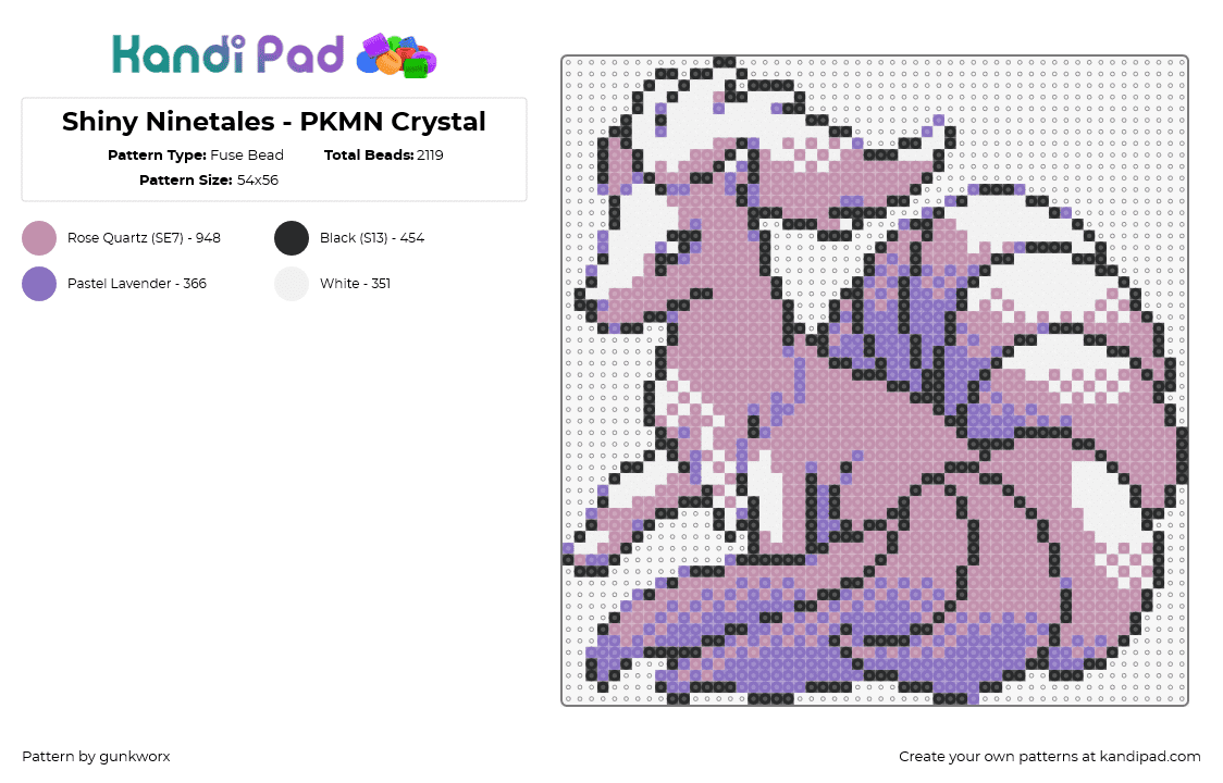 Shiny Ninetales - PKMN Crystal - Fuse Bead Pattern by gunkworx on Kandi Pad - ninetails,pokemon,character,gaming,evolution,vulpix,purple